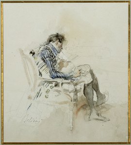 Gentleman assis dans un fauteuil lisant un livre et fumant une pipe