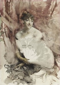 Femme avec éventail assise dans une loge de théâtre, Comtesse de Rasti, vers 1878 - Giovanni Boldini
