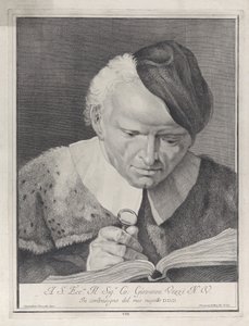 Homme avec un chapeau lisant un livre avec une loupe, 1743 - Giovanni Cattini