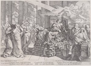 Le suicide de Didon qui repose sur un bûcher au centre, entourée de nombreuses figures, 1650-55 - Giovanni Cesare Testa