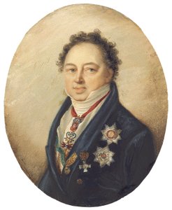 Comte Dmitry Pavlovich Tatishchev, de profil à gauche en manteau bleu, gilet blanc et cravate