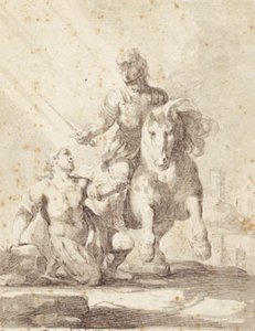 Soldat en tenue antique brandissant une épée au-dessus d