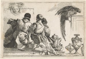 Pages agenouillées, un masque et un perroquet - Giovanni Domenico Tiepolo