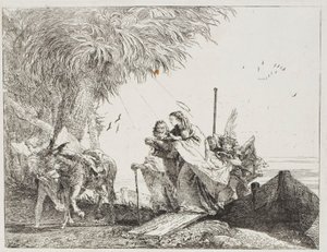 Marie, aidée par Joseph et un ange, descendant du bateau, planche dix-huit de La Fuite en Égypte