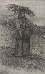 Paysanne ramassant des branches