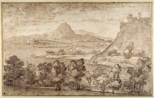 Paysage avec une ville sur une colline et une montagne plus lointaine