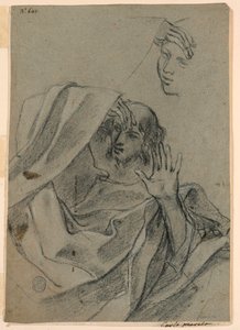 Études de dessin avec visage de femme et homme allongé, et main droite avec avant-bras