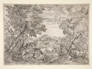Paysage avec trois hommes près d