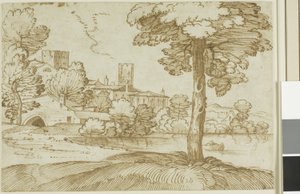 Paysage avec un grand arbre à droite et une vue lointaine d