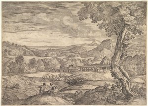 Paysage avec une usine de briques au milieu, un homme debout au premier plan, 1626-80
