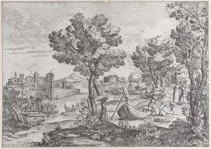 Paysage avec un homme tenant un serpent devant un enfant terrifié, observé par une femme élégante, 1626-80