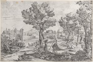 Paysage avec un homme tenant un serpent devant un enfant terrifié, observé par une personne à la mode, 1626-80