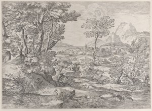 Trois garçons dans un paysage avec une ville en arrière-plan - Giovanni Francesco Grimaldi