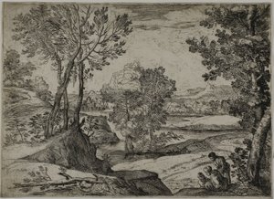 Femme, son enfant et un homme debout dans un paysage - Giovanni Francesco Grimaldi