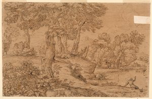 Paysage boisé avec un étang