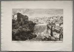 Les fontaines de Rome, Livre IV, planche 27 : Vue de la cascade principale de la rivière Aniene dans la ville de Tivoli