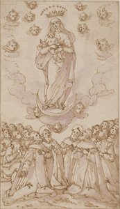 Madone et Enfant sur un croissant de lune apparaissant à un groupe de saints, prêtres et laïcs