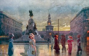 Milan : Largo Cairoli et Monument à Garibaldi (lithographie en couleur)