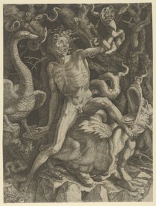 Furie personnifiée comme un vieil homme chevauchant un monstre, tenant un crâne dans sa main gauche, vers 1520-39 - Giovanni Jacopo Caraglio