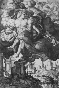 Ixion tentant de séduire Junon, entouré de nuages avec des ruines en dessous, vers 1520-39