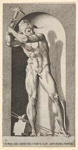 Planche 19 : Vulcain debout dans une niche balançant un marteau, avec une enclume, un marteau et des pinces - Giovanni Jacopo Caraglio