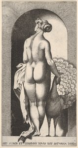 Planche 4 : Junon debout dans une niche, vue de dos, caressant un paon à sa droite, fr..., 1526