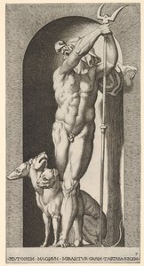 Planche 7 : Pluton dans une niche, tenant un bident, avec Cerbère à côté de lui, d