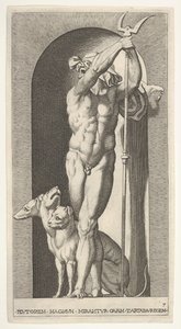 Planche 7: Pluton dans une niche, tenant un bident, avec Cerbère à côté de lui, d