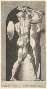 Planche 9 : Mars dans une niche, tenant une épée au-dessus de sa tête avec son bras droit, et un bouclier, 1526