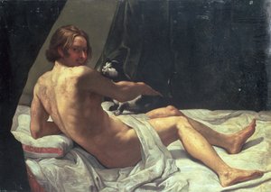 Jeune homme allongé sur un lit avec un chat - Giovanni Lanfranco