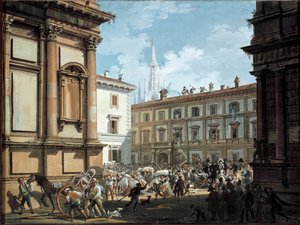 Citoyens milanais pillant la maison de Giuseppe Prina lors de la chute de Napoléon Ier en 1814 (huile sur toile)