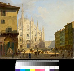 Vue de la Piazza Duomo à Milan, Italie (Place de la cathédrale à Milan) Peinture de Giovanni Migliara (1785-1837) 1828 Collection privée