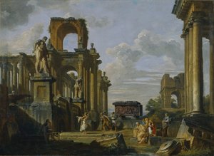 Caprice architectural du Forum romain avec philosophes et soldats parmi les ruines antiques - Giovanni Paolo Pannini