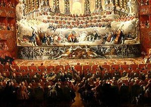 Concert donné par le Cardinal de La Rochefoucauld au Théâtre Argentina à Rome, en célébration du mariage de Louis le Dauphin, fils de Louis XV, avec Marie-Josèphe de Saxe