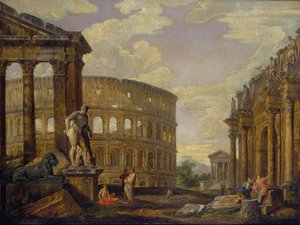 Paysage avec Hercule et ruines de la Rome antique par Giovanni Paolo Panini