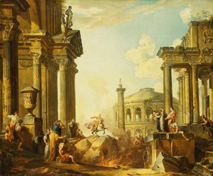 Marcus Curtius sautant dans le gouffre, un caprice avec la colonne de Trajan et d