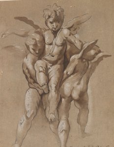 Deux putti portant un troisième putti (recto); Un jeune homme avec un bâton (verso) - Giovanni Pietro Possenti
