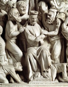 Détail des reliefs de la chaire réalisée par Giovanni Pisano (1248-1314) : Jésus moqué (détail) 1302-1311 Cathédrale de Pise (Duomo di Pisa), Italie