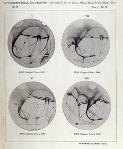 Observations par Giovanni Virginio Schiaparelli (1835-1910) astrophysicien. Il a observé des configurations rectilignes sur la planète Mars, les appelant les canaux martiens (canali). 1890