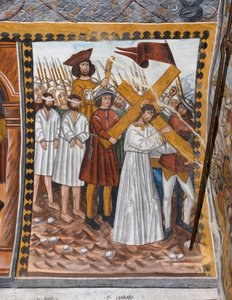Histoires de la Passion du Christ : Jésus monte au Calvaire portant la croix et aidé par Cyrénéen - Giovanni di Cherasco Botoneri