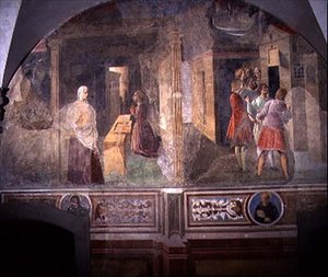 Saint Benoît réparant le tamis cassé, détail du cycle de fresques de la Vie de Saint Benoît du Chiostro degli Aranci, vers 1430 (détail) - Giovanni di Consalvo (attr. to)