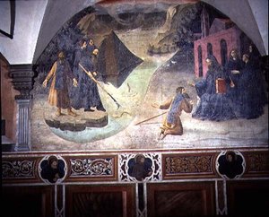 Saint Benoît récupérant la hache du bûcheron dans le lac, détail du cycle de fresques de la Vie de Saint Benoît du Chiostro degli Aranci (Cloître des Oranges) c.1430