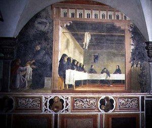 Saint Benoît et le pain empoisonné, détail du cycle de fresques de la Vie de Saint Benoît du Chiostro degli Aranci (Cloître des Oranges) c.1430