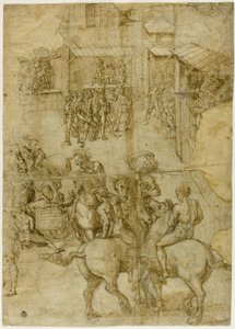 Pageant mythologique (recto); Inscriptions illisibles et études anatomiques de la tête (verso) - Girolamo Genga