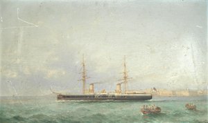Le cuirassé HMS Inflexible se dirige vers la mer à partir de Grand Harbour, La Valette. - Girolamo Gianni