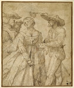 Scène de galanterie : quatre personnages devant un paysage - Girolamo Romanino