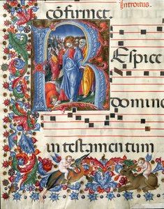 Lettrine décorée représentant le Christ et le lépreux. Miniature par Girolamo da Cremona (actif vers 1451-1483) et Liberale da Verona (1445-1529) d