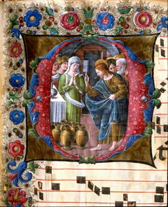 Lettrine décorée représentant les noces de Cana (Cathédrale de Sienne)
