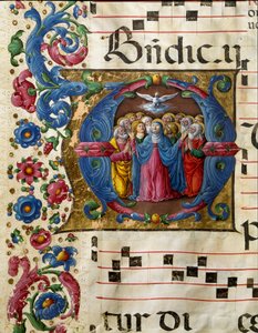 La colombe du Saint-Esprit apparaît à la Vierge Marie et aux apôtres. Miniature par Girolamo da Cremona (actif vers 1451-1483) d