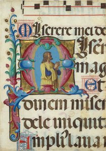 Enluminure de manuscrit avec David en prière dans une initiale M, d